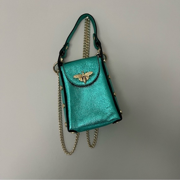 Vintage Handbags - Elegant Teal Crossbody Italian Leather Bag with Gold Bee Accents